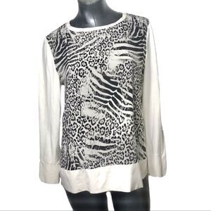 Lafayette 148 Animal Print White Long Sleeve Top Blouse Size Medium